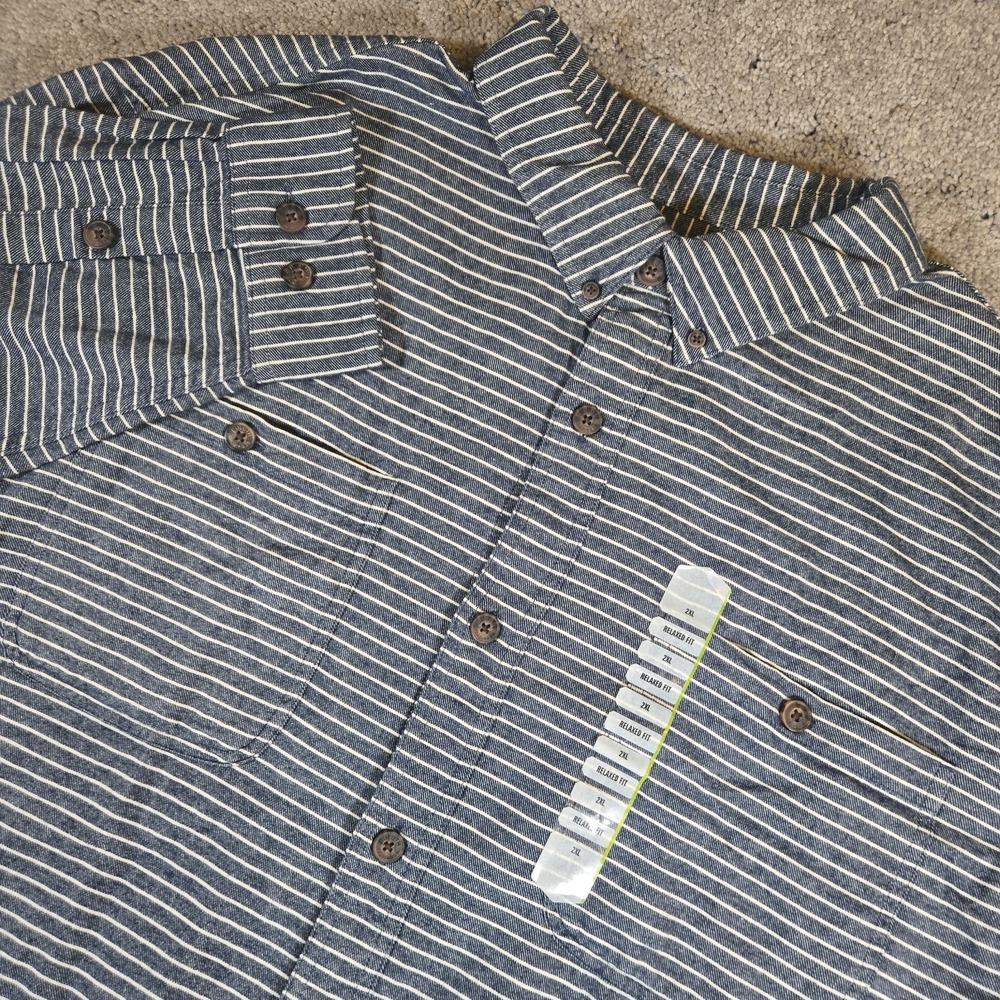 Duluth Trading Co. Mens Plaid Flannel Button Down Shirt Blue White Striped 2XL